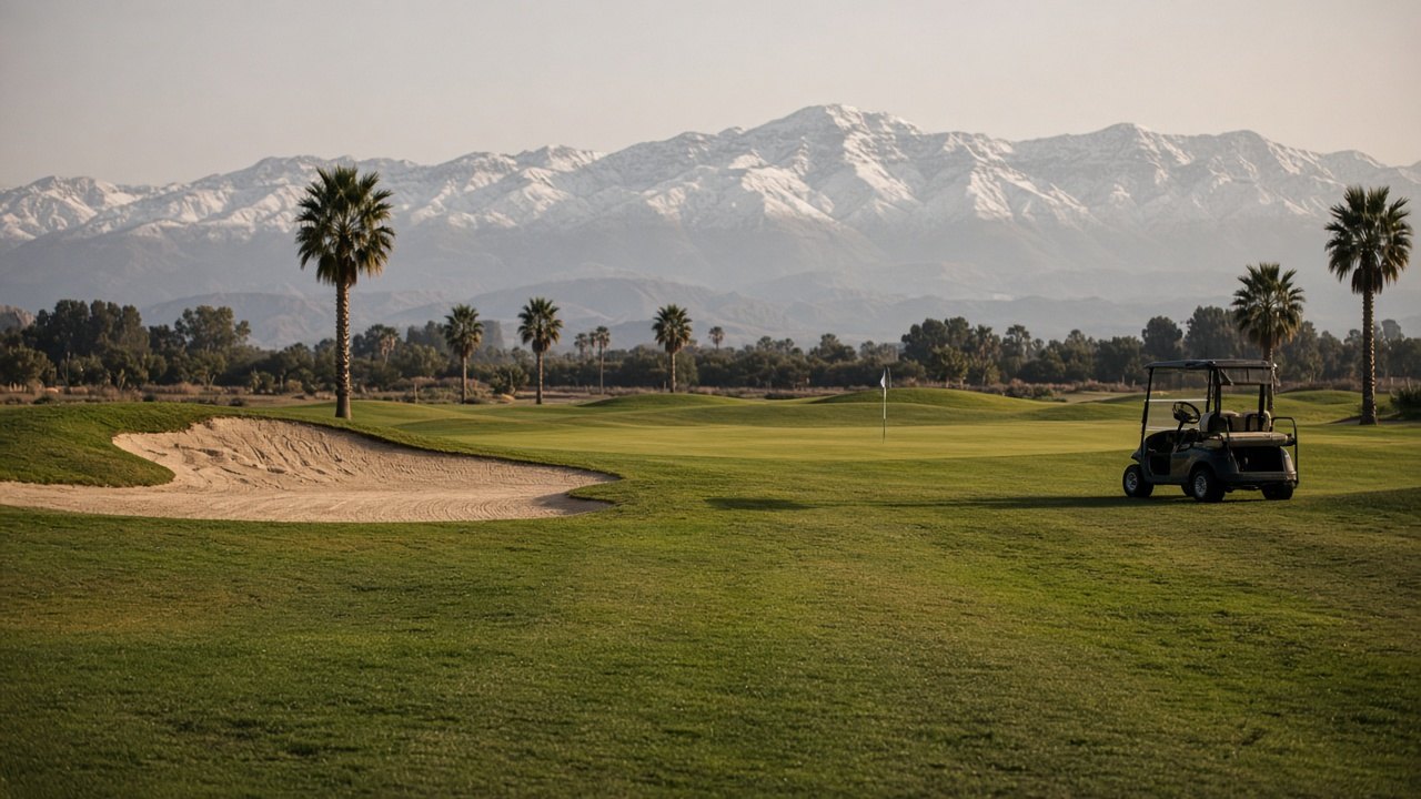 Parcours de golf à Marrakech avec l'Atlas en arrière-plan