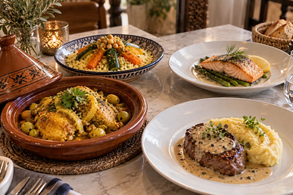 Tajine, couscous, steak et saumon — cuisine marocaine et occidentale à la villa