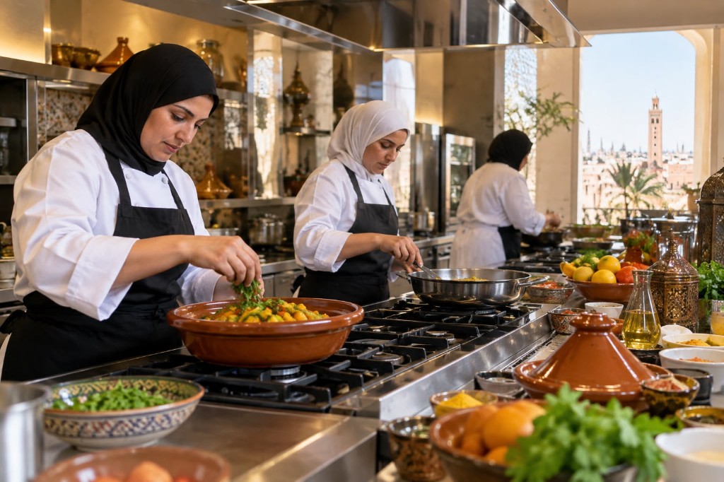 Chefs préparant des tajines dans une cuisine professionnelle à Marrakech