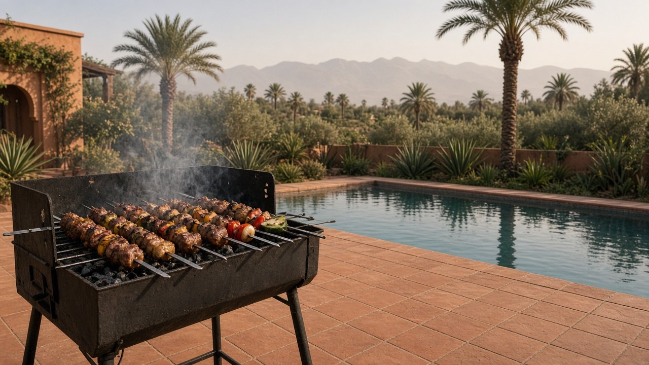Grillades au barbecue au bord de la piscine de la villa