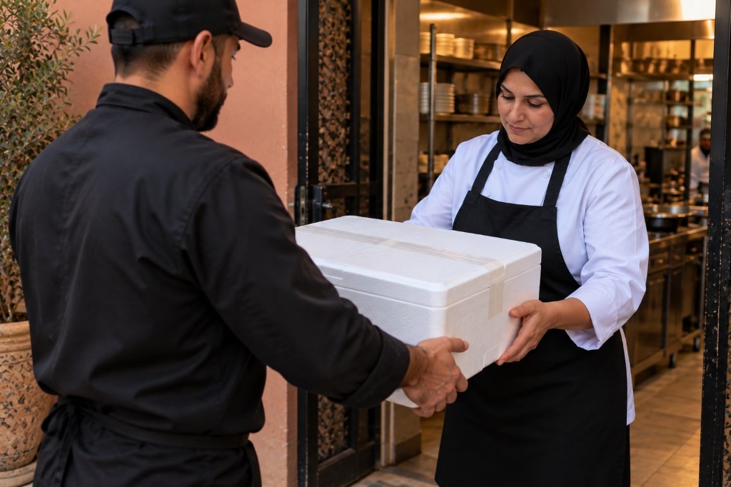 Remise d’une caisse isotherme scellée depuis la cuisine cacher