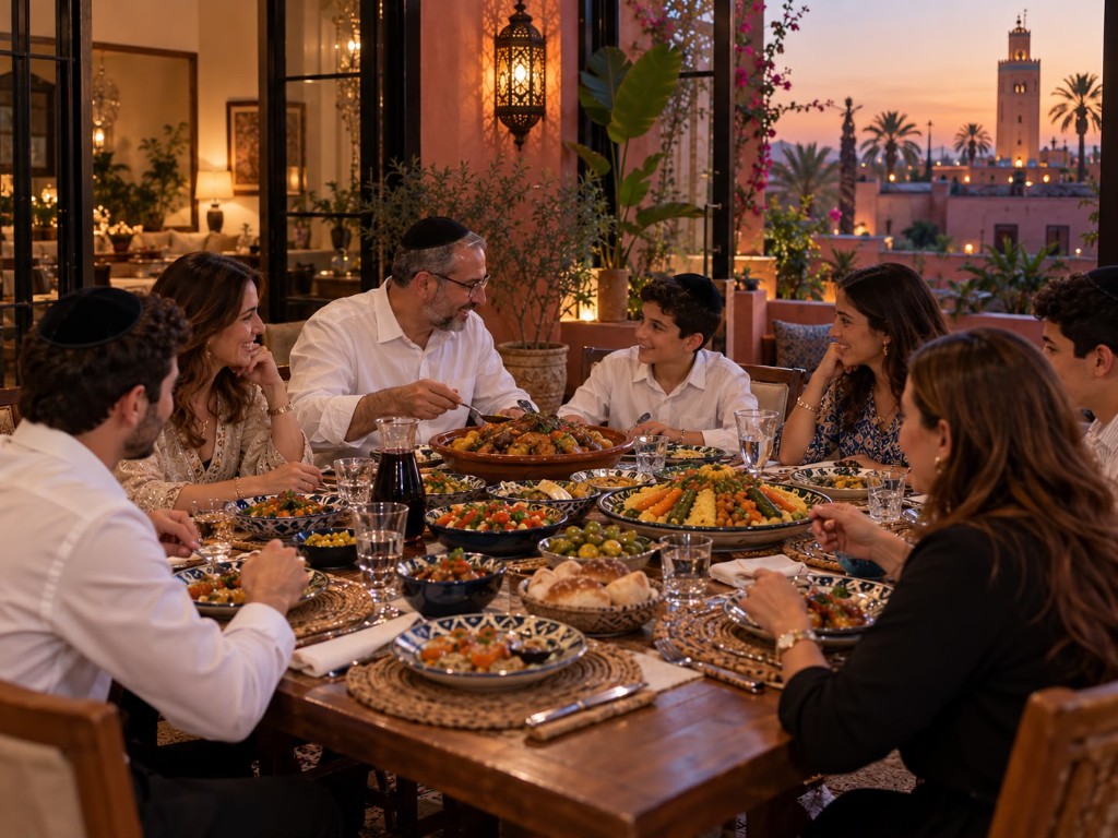 Table de Chabbat au coucher du soleil dans une villa à Marrakech