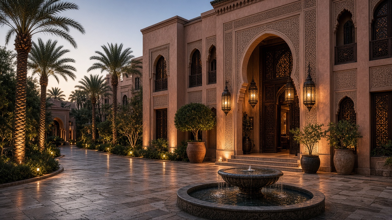 Hôtel Kacher Marrakech — façade et cour d’un établissement de standing