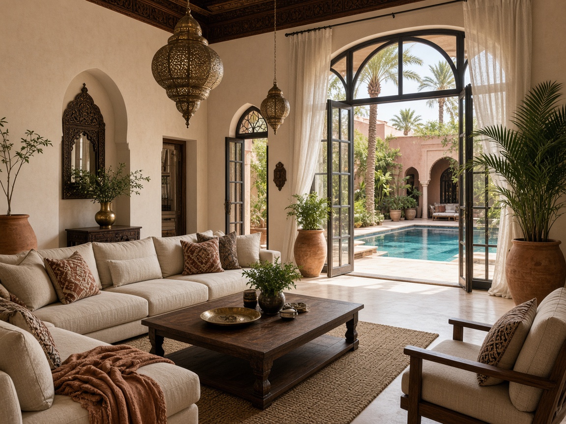 Séjour Kacher Marrakech — salon de villa ouvrant sur la piscine