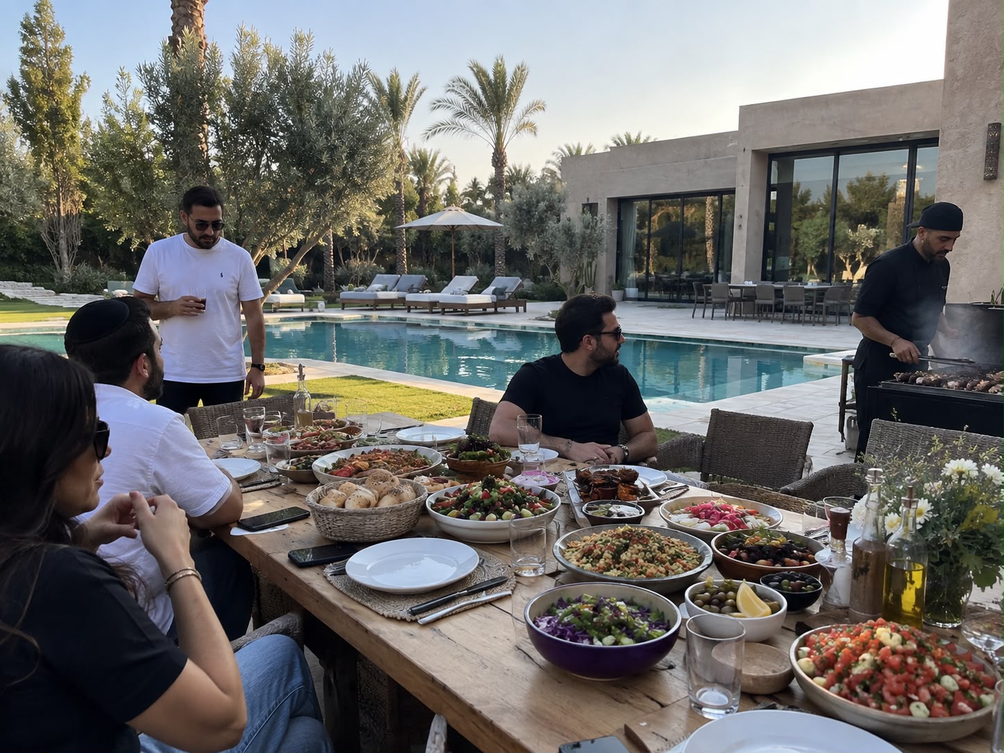Repas cacher autour de la table à la villa, Marrakech